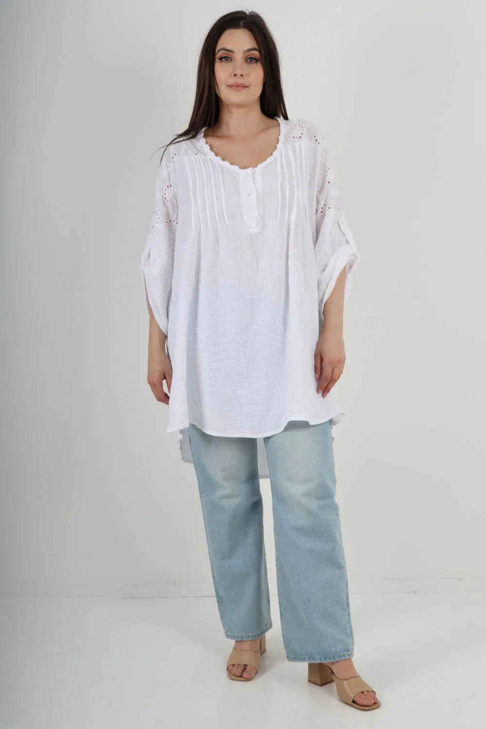 Italian Crochet Lace Neck Detail Button Up Dip Hem Tunic Top
