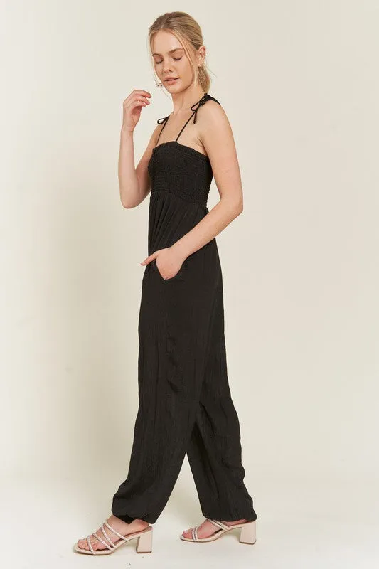 Janie Smocked Tie Strap Jumpsuit