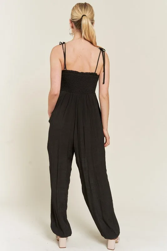 Janie Smocked Tie Strap Jumpsuit