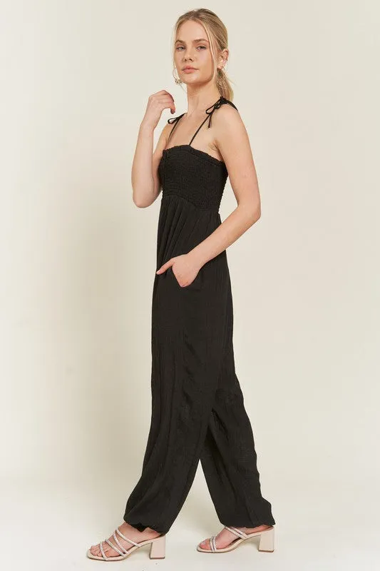 Janie Smocked Tie Strap Jumpsuit