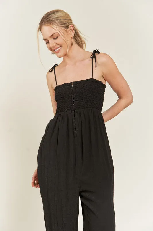 Janie Smocked Tie Strap Jumpsuit