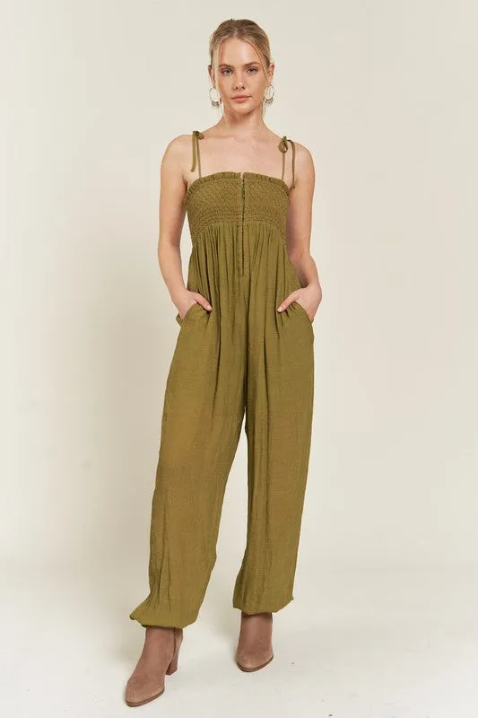 Janie Smocked Tie Strap Jumpsuit