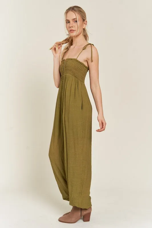 Janie Smocked Tie Strap Jumpsuit