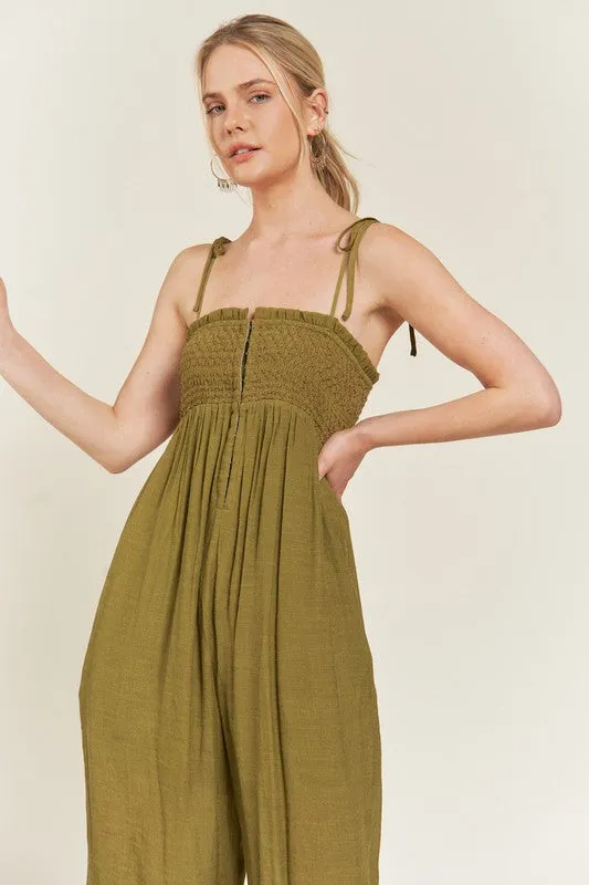 Janie Smocked Tie Strap Jumpsuit