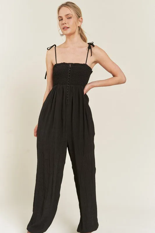 Janie Smocked Tie Strap Jumpsuit