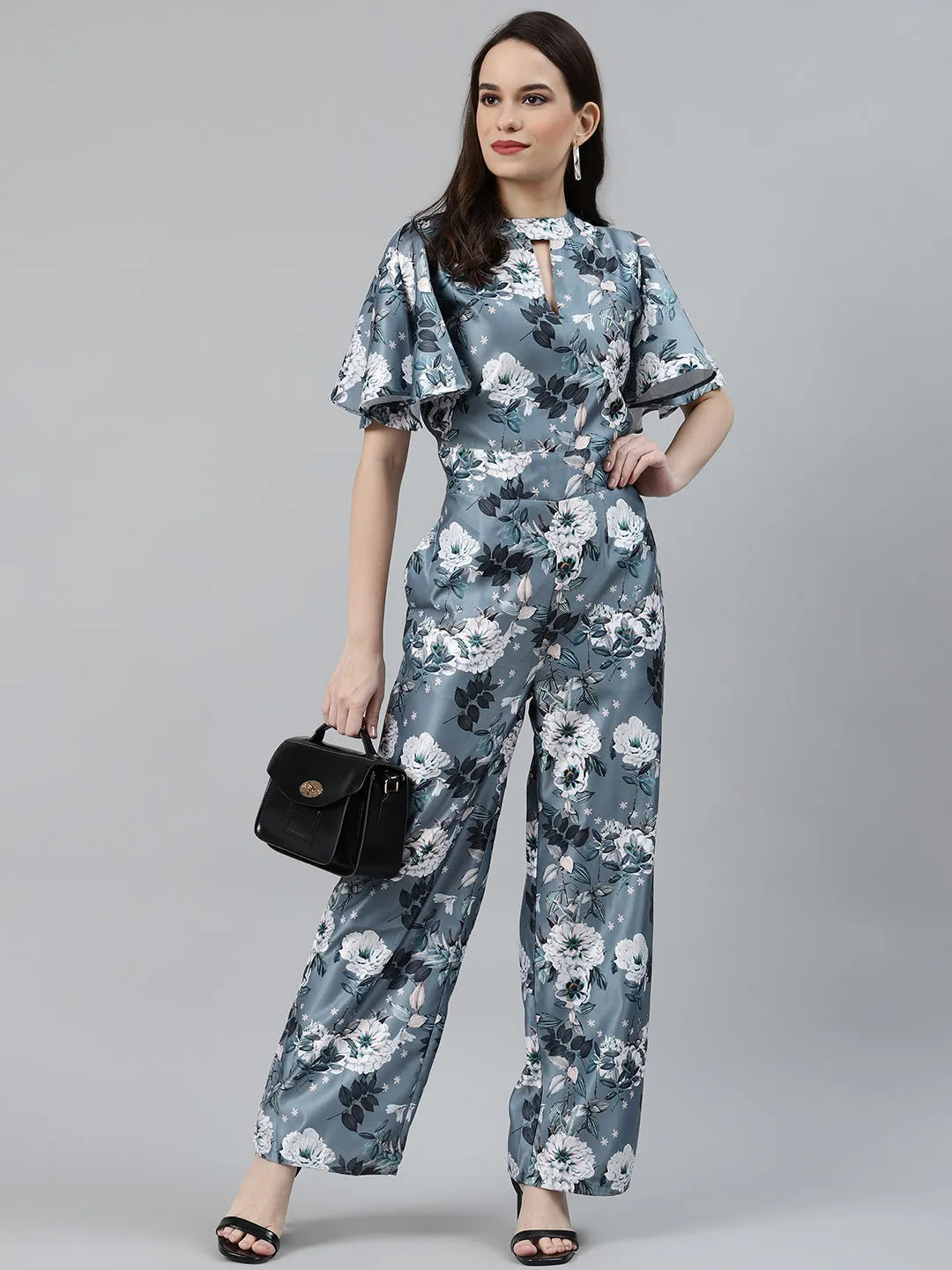 Jashvi Women Grey & Off-White Printed Keyhole Neck Flared Sleeves Basic Jumpsuit