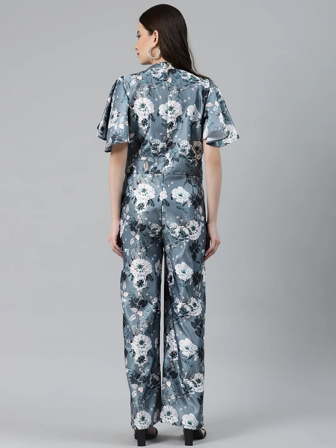 Jashvi Women Grey & Off-White Printed Keyhole Neck Flared Sleeves Basic Jumpsuit