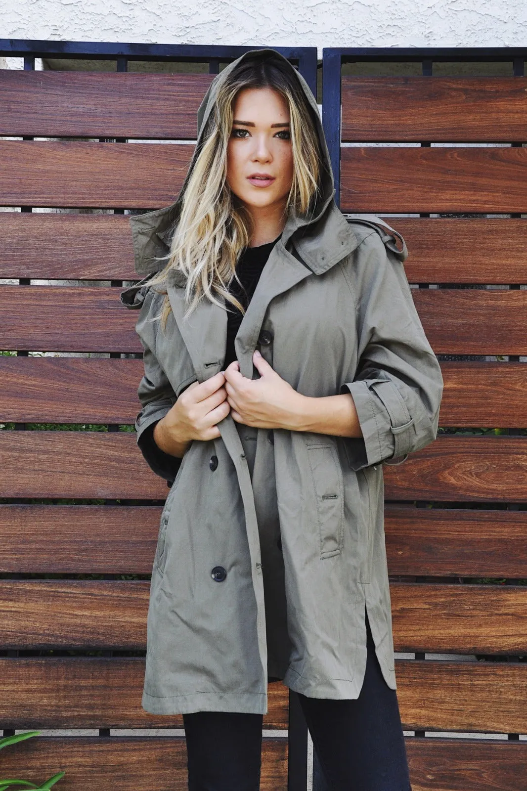 Jazmine Olive Green Hooded  Self Tie Trench Coat