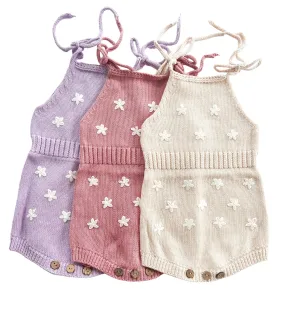 Knit Embroidered Tie Sleeve Romper