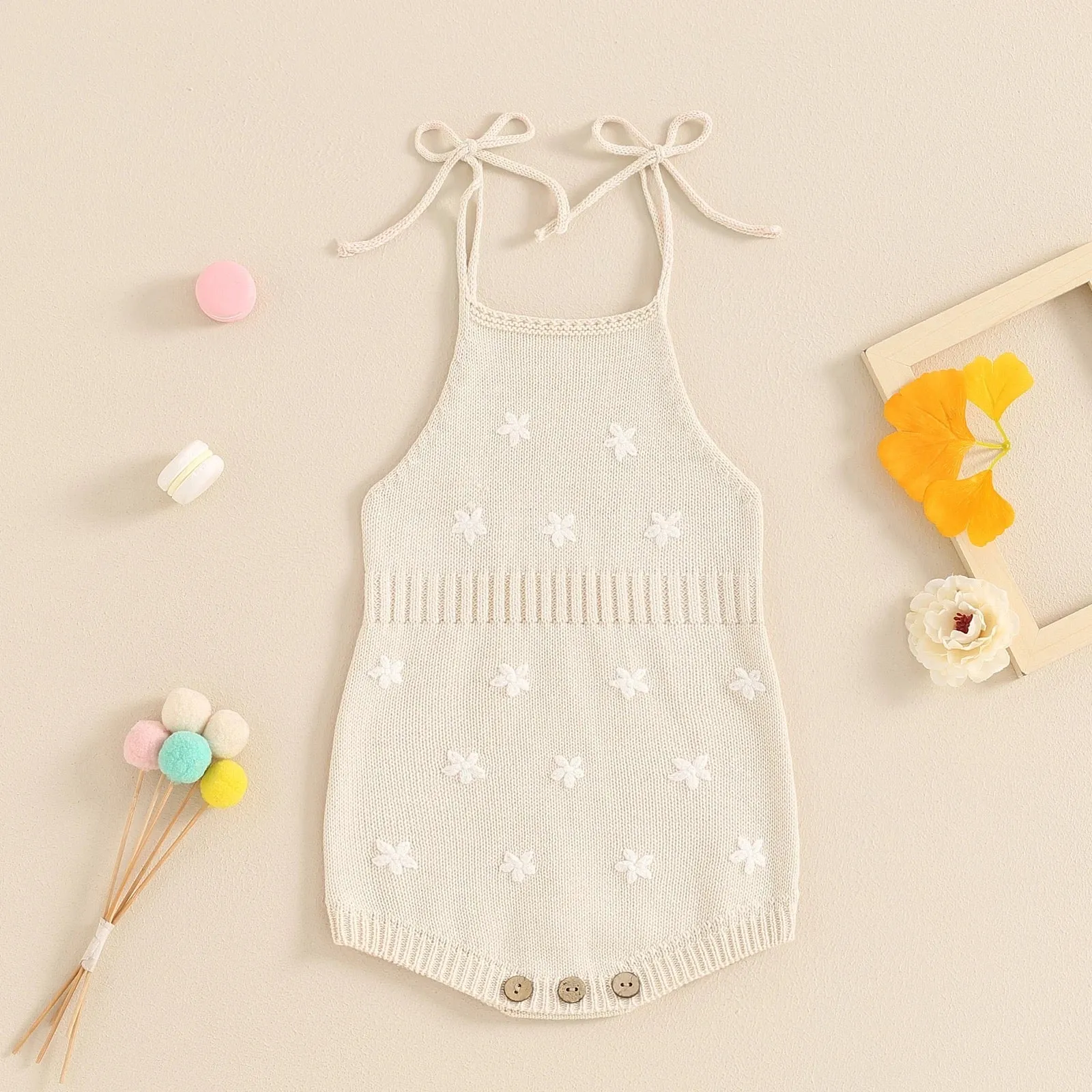 Knit Embroidered Tie Sleeve Romper