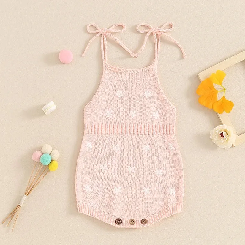 Knit Embroidered Tie Sleeve Romper