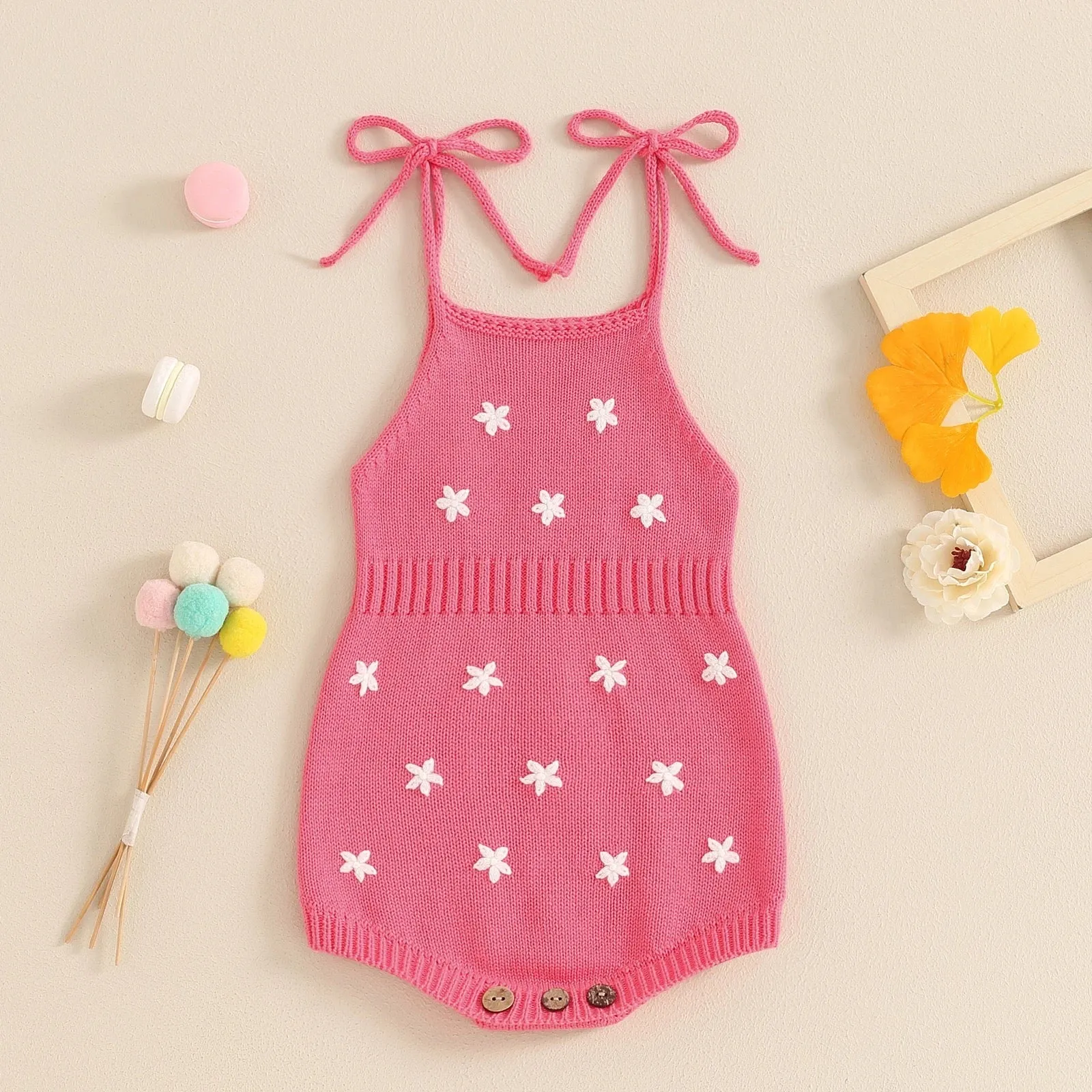 Knit Embroidered Tie Sleeve Romper