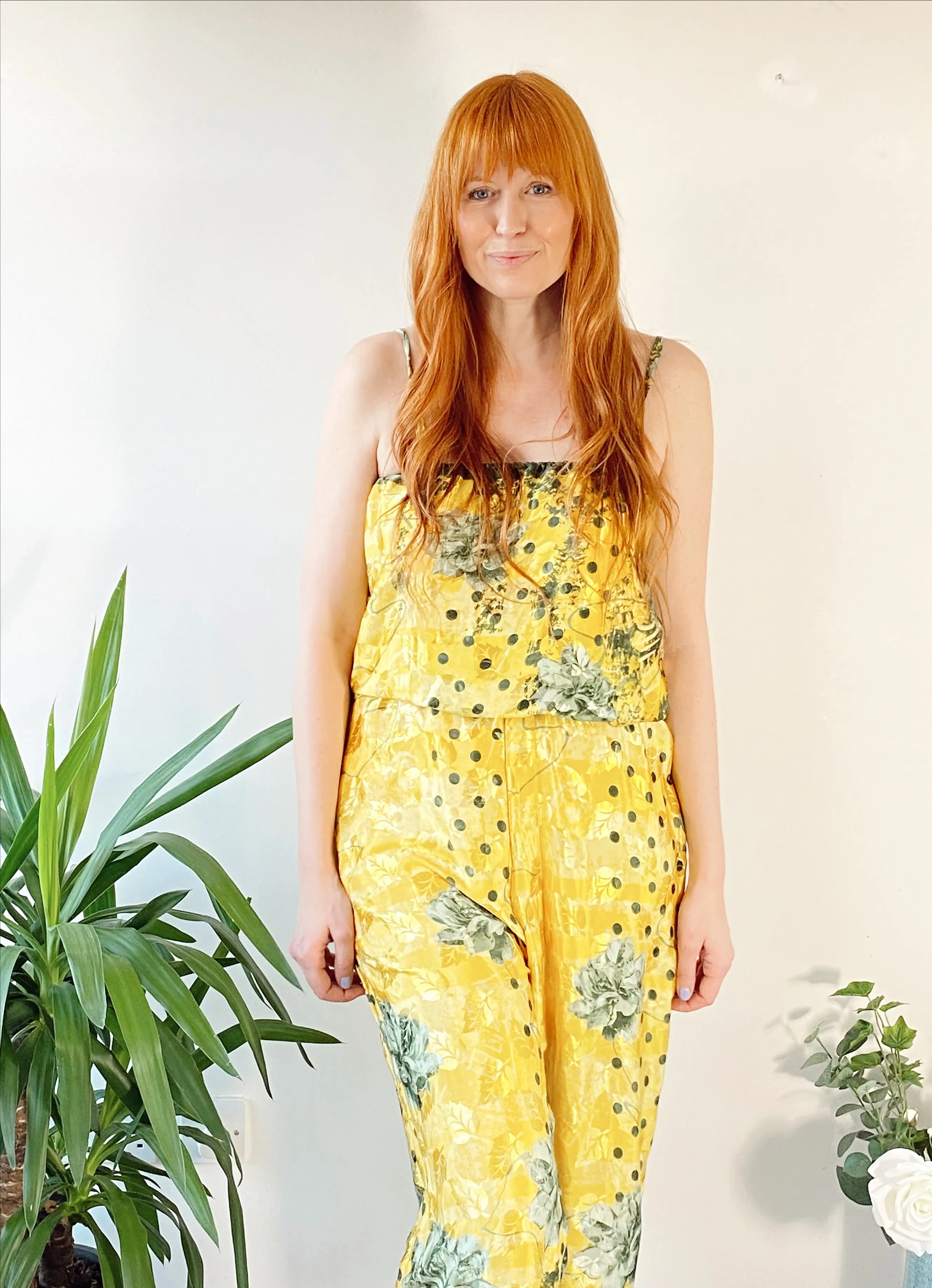 Layla yellow floral-print silk jumpsuit free-size UK 8-14