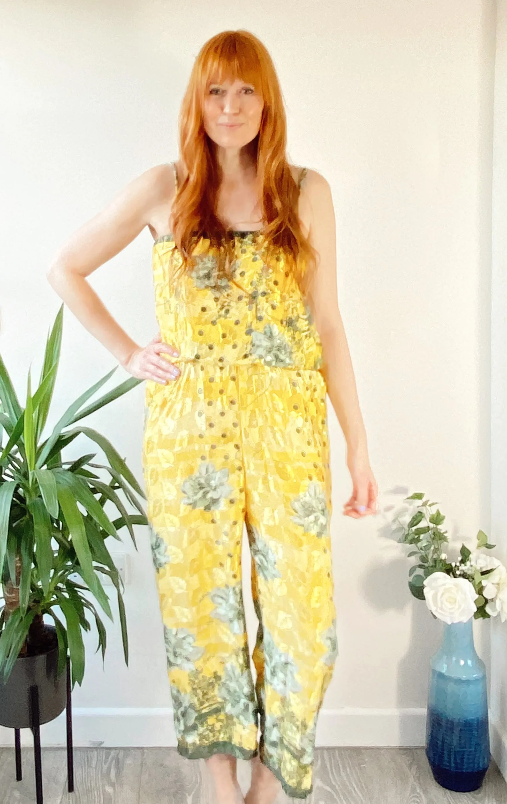 Layla yellow floral-print silk jumpsuit free-size UK 8-14