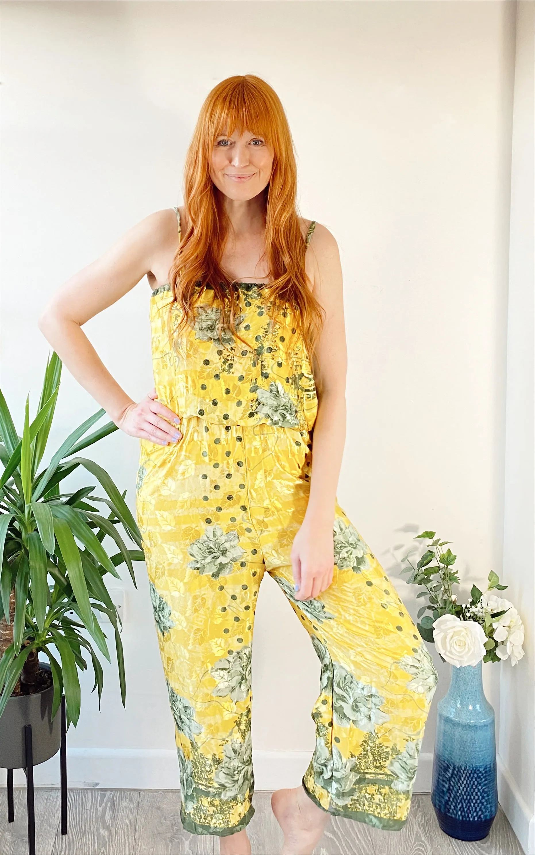 Layla yellow floral-print silk jumpsuit free-size UK 8-14