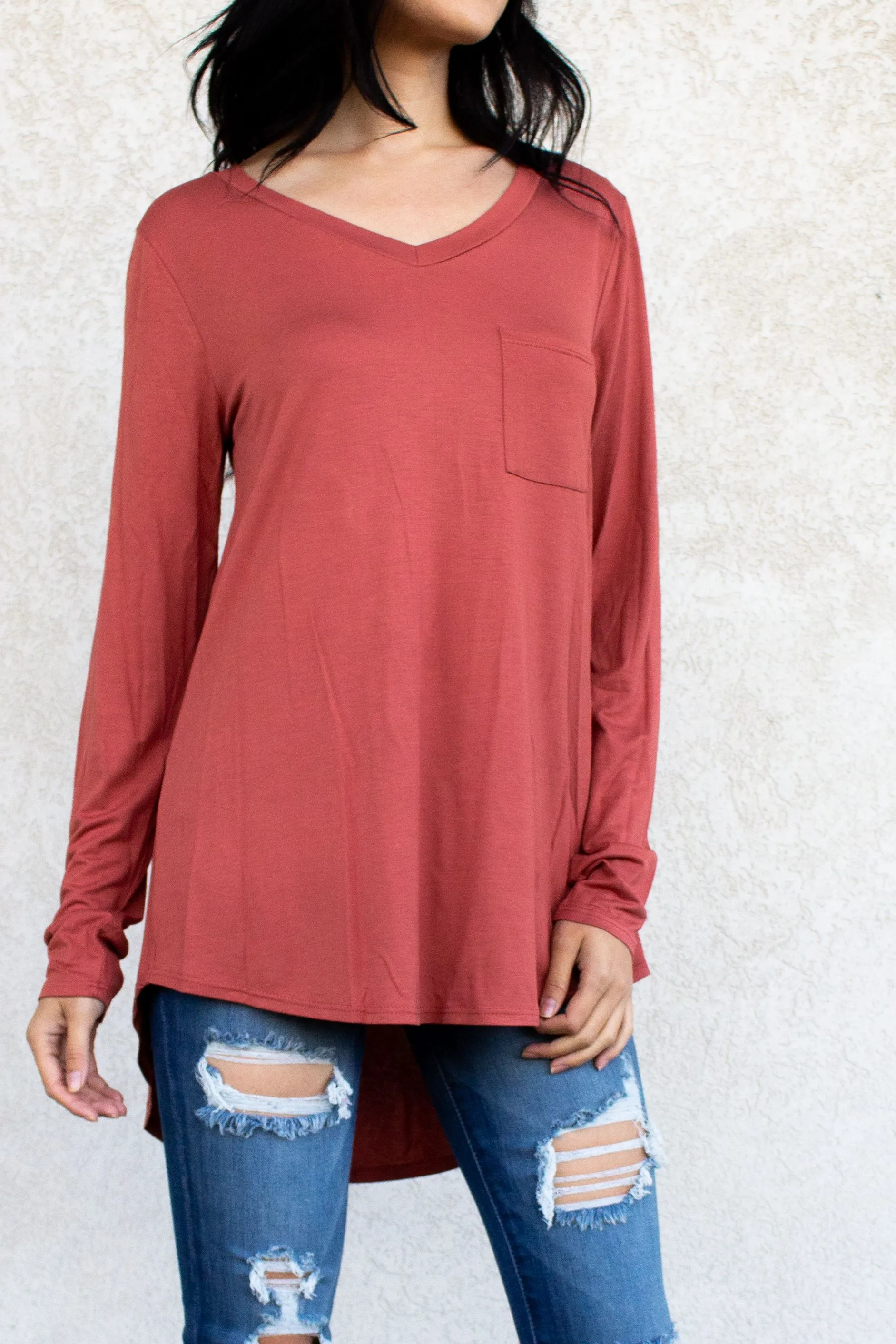 Long Sleeve V-Neck Pocket Tee Tunic