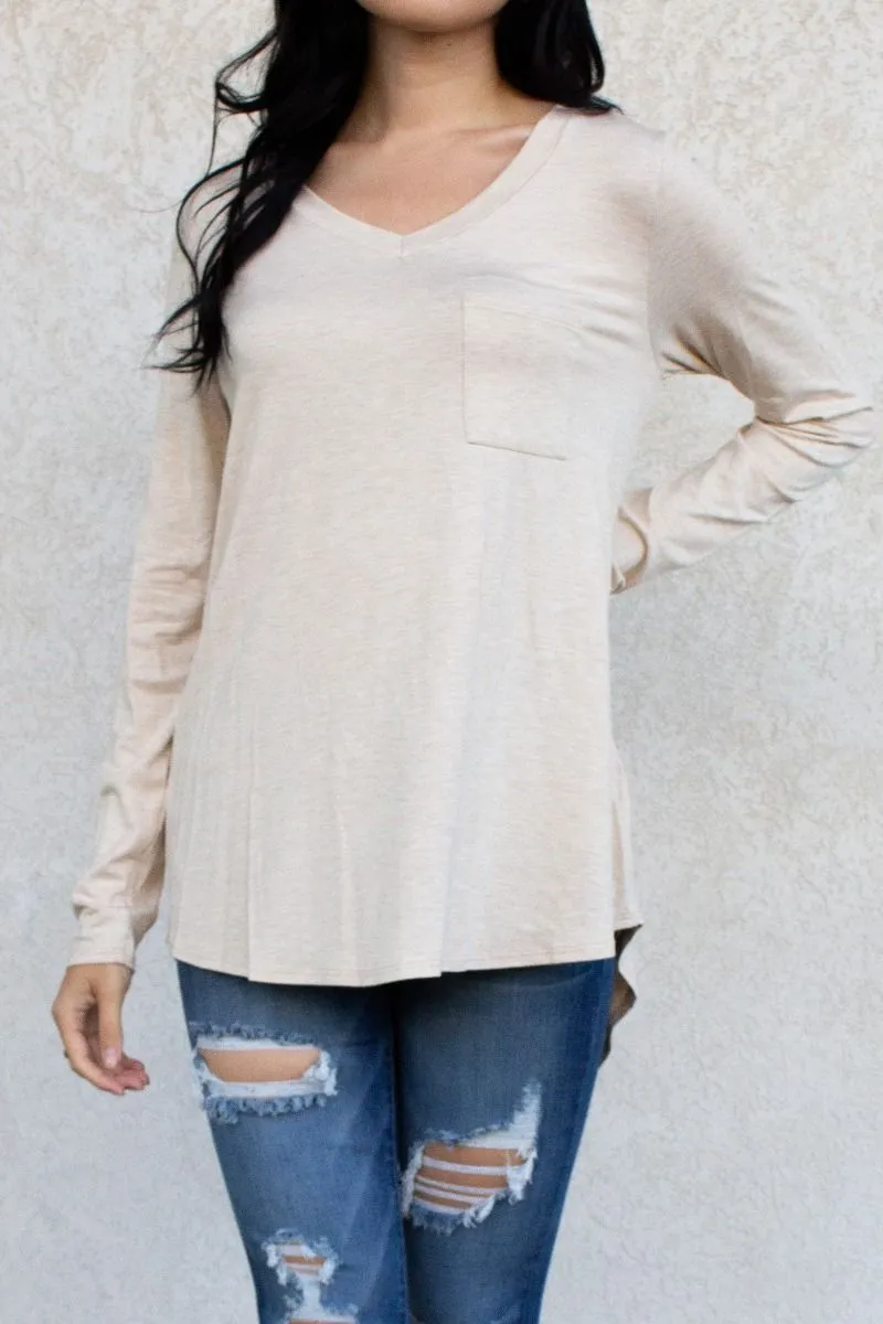 Long Sleeve V-Neck Pocket Tee Tunic