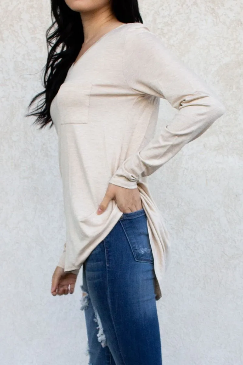 Long Sleeve V-Neck Pocket Tee Tunic