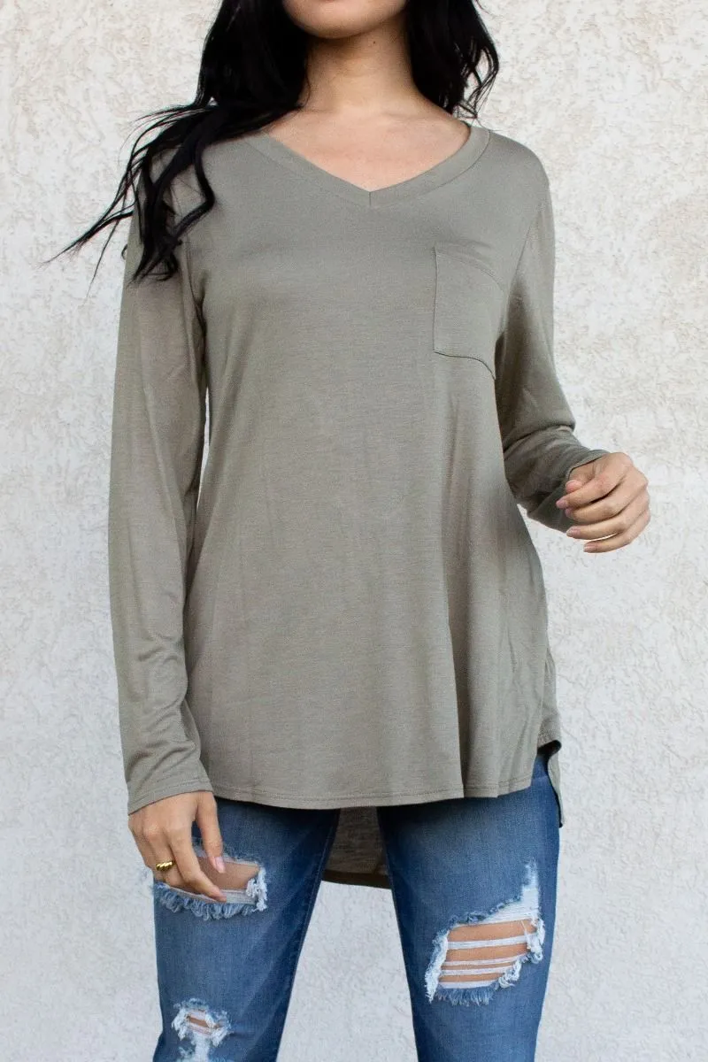 Long Sleeve V-Neck Pocket Tee Tunic