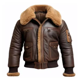 Men's Brown Aviator Lapel Faux Shearling Bomber Leather Jacket