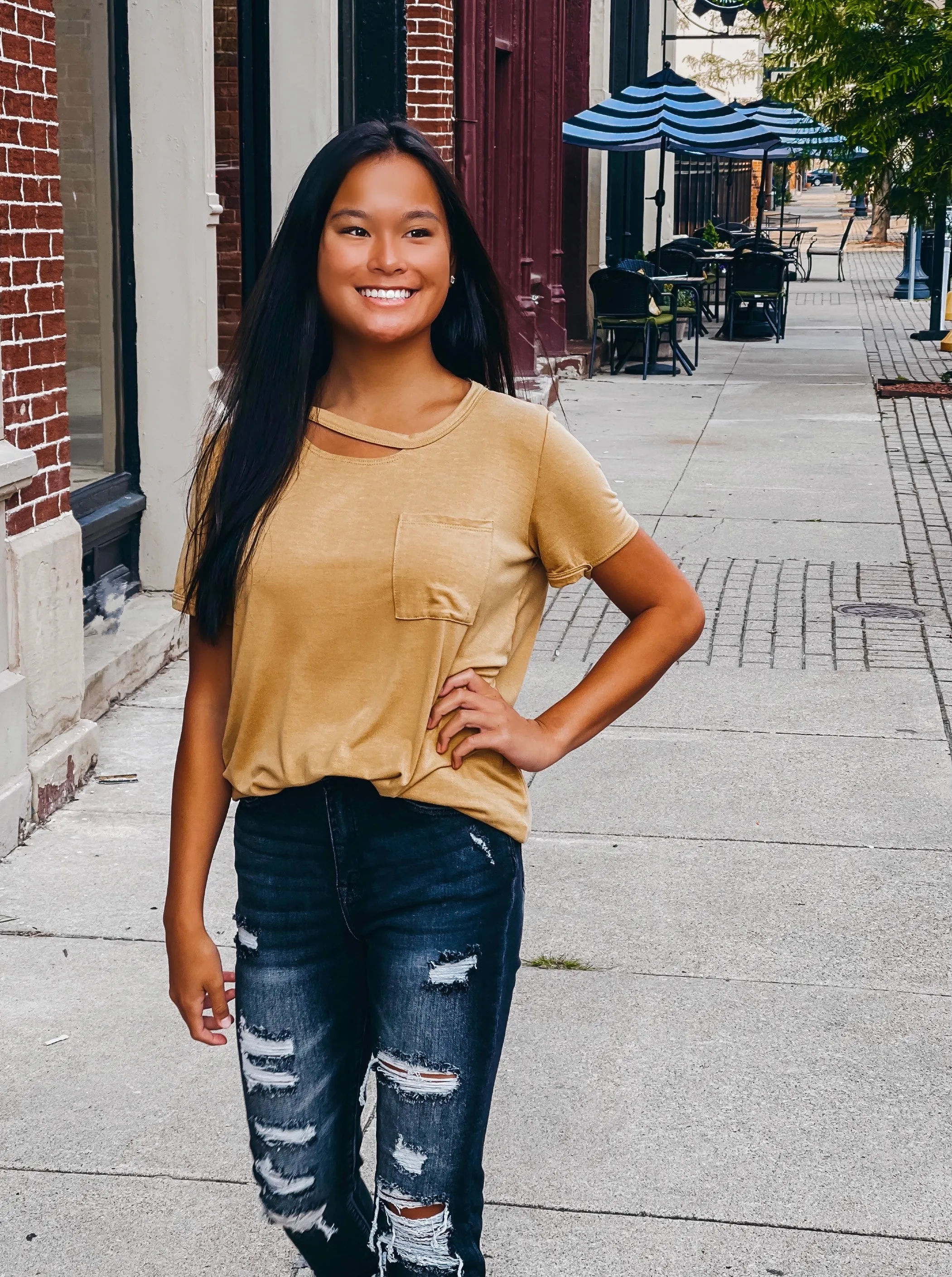 Mustard Cut Out Neck Casual Top
