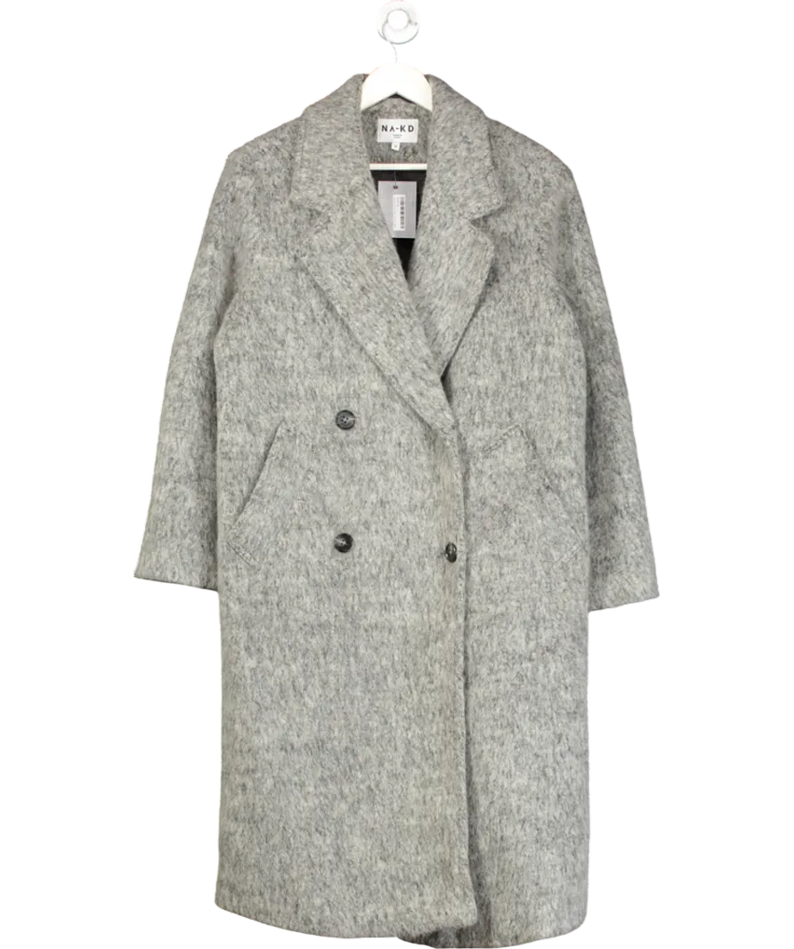 NA-KD Grey Wool Blend Double Breasted Coat UK 6