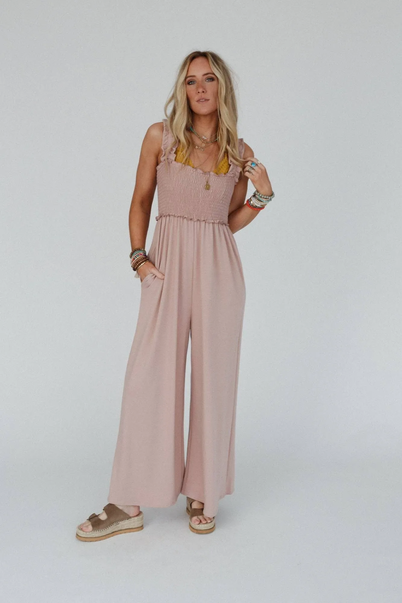 Nothing Compares Smocked Ruffle Jumpsuit - Dusty Rose