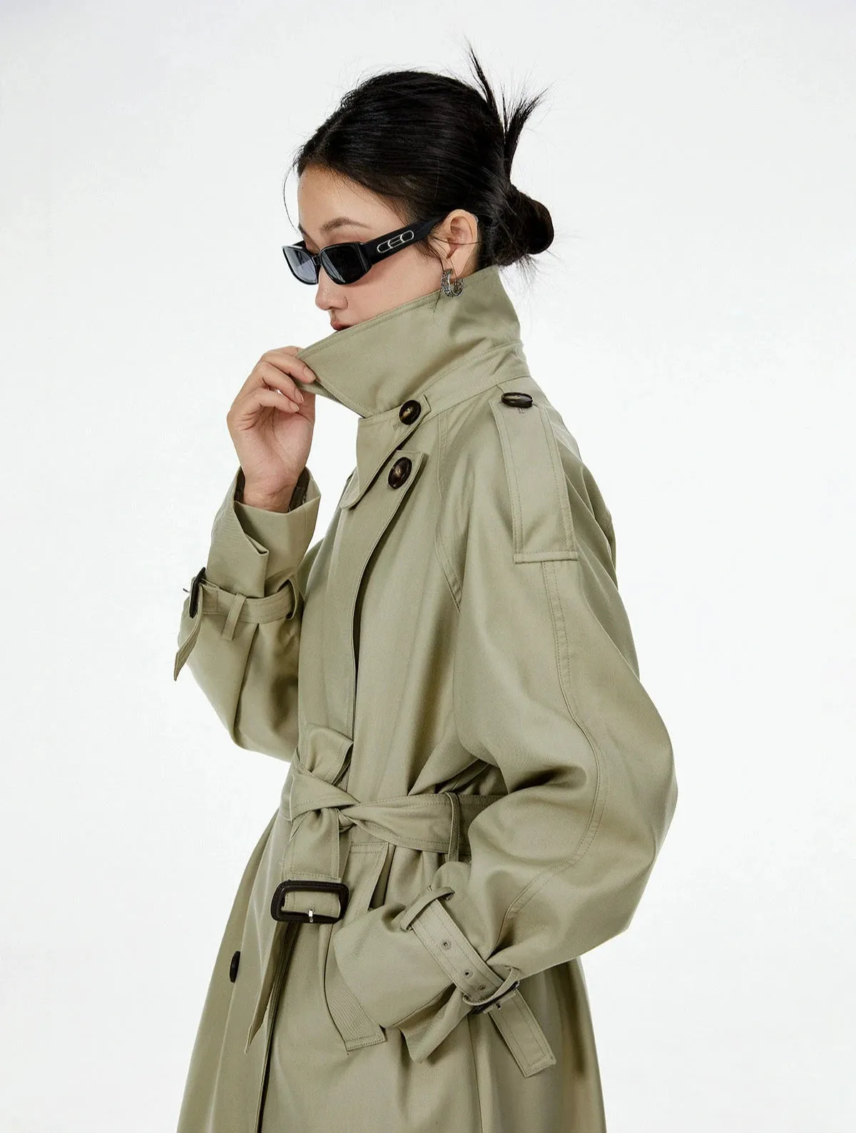 Oversized Trench Coat with Epaulettes and Belt Detail