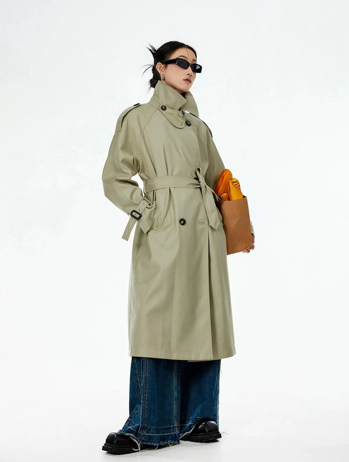 Oversized Trench Coat with Epaulettes and Belt Detail