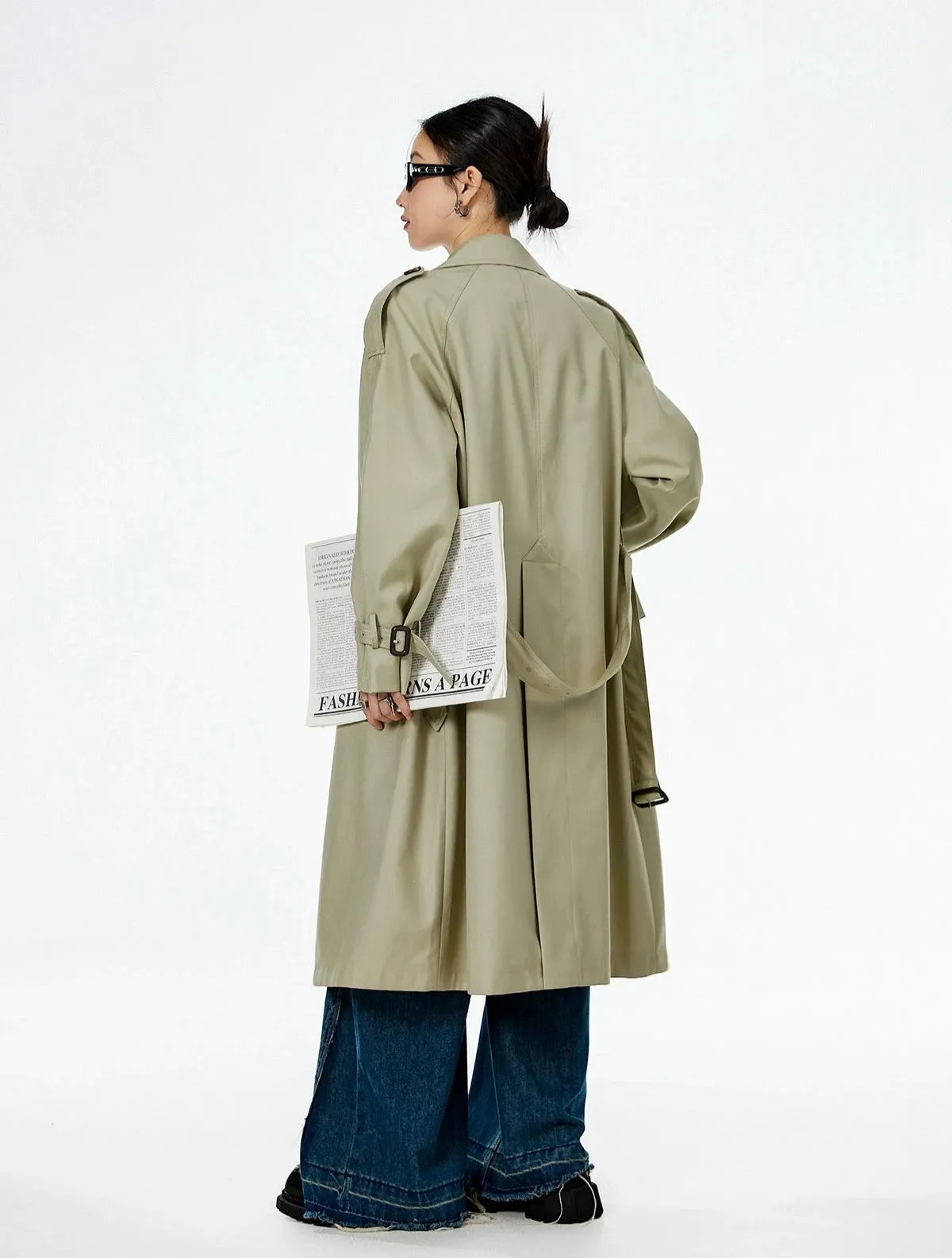 Oversized Trench Coat with Epaulettes and Belt Detail