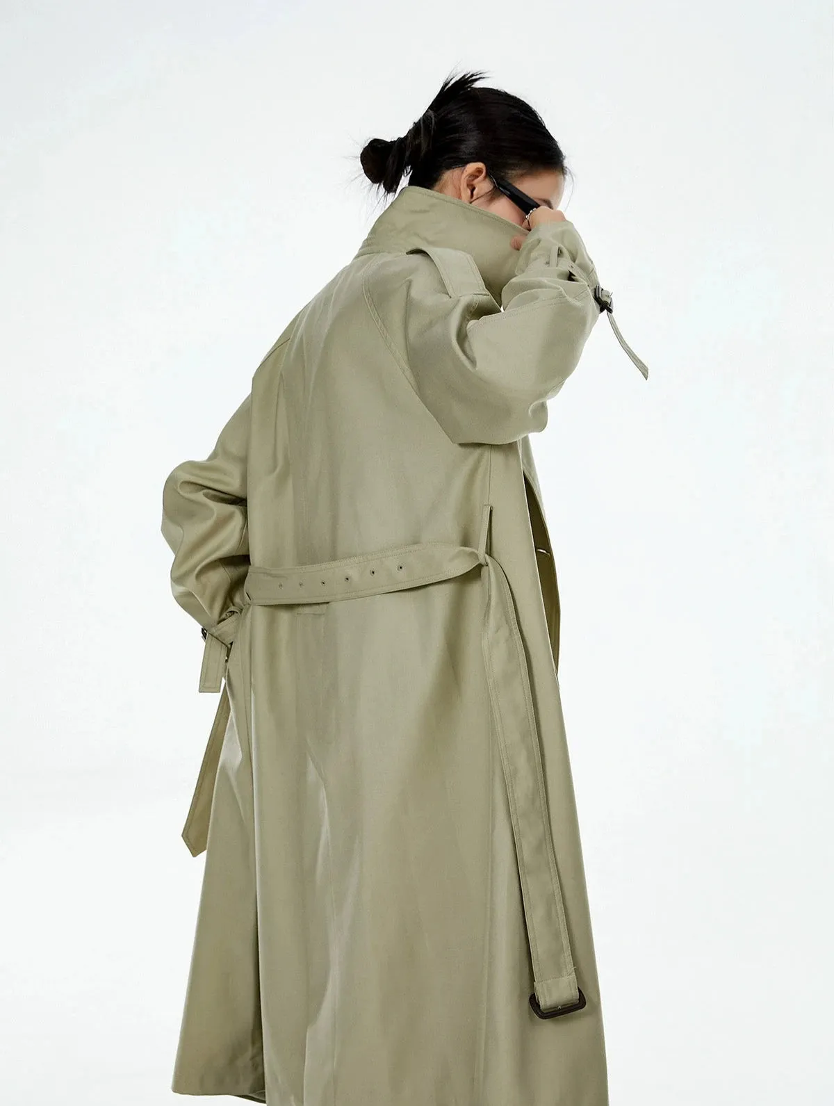 Oversized Trench Coat with Epaulettes and Belt Detail