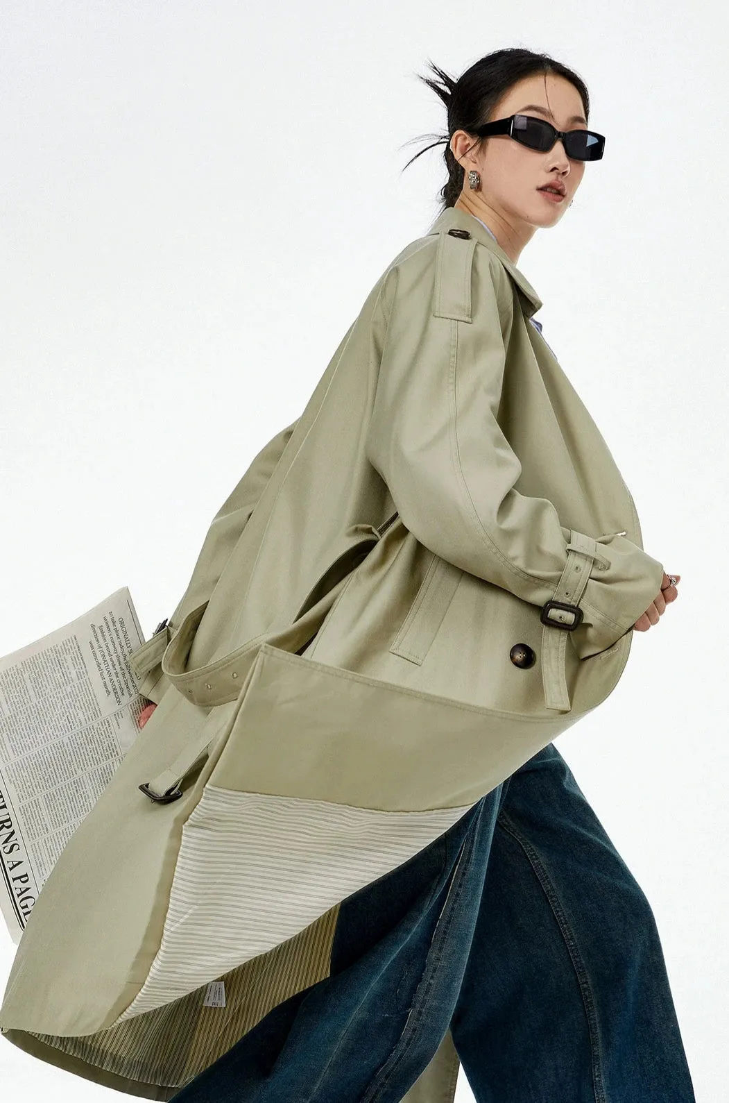 Oversized Trench Coat with Epaulettes and Belt Detail