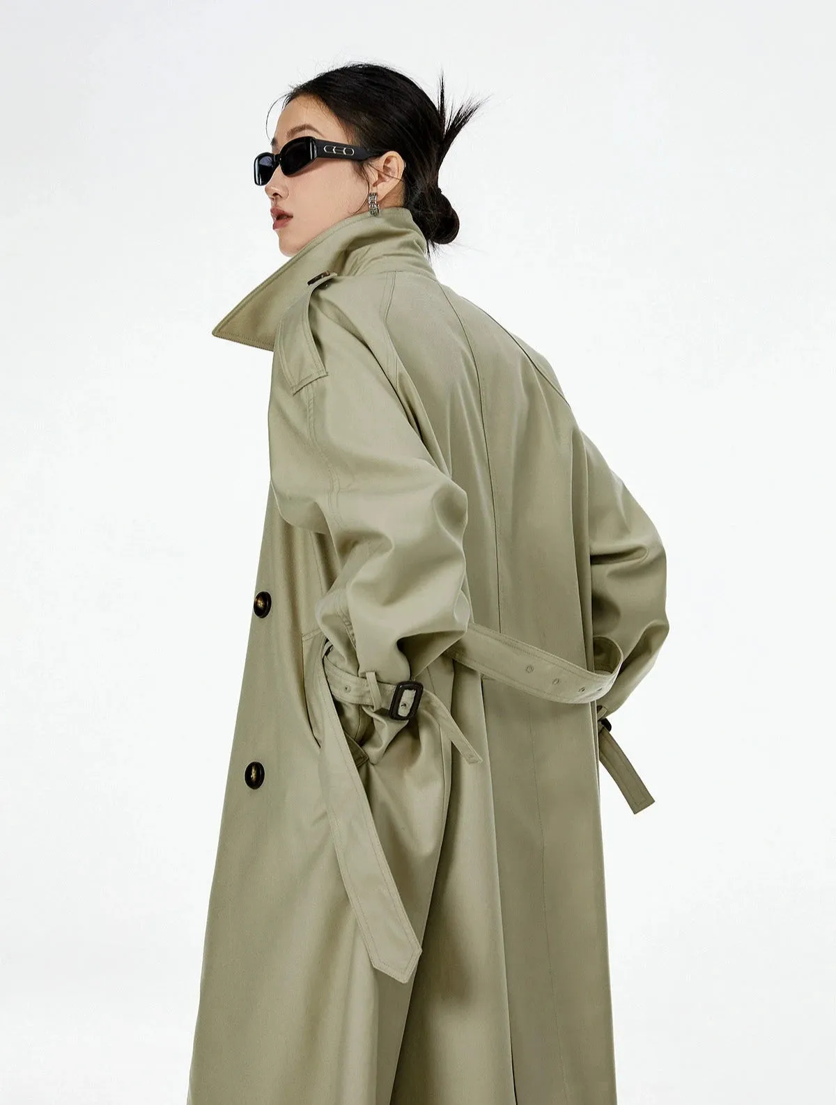 Oversized Trench Coat with Epaulettes and Belt Detail