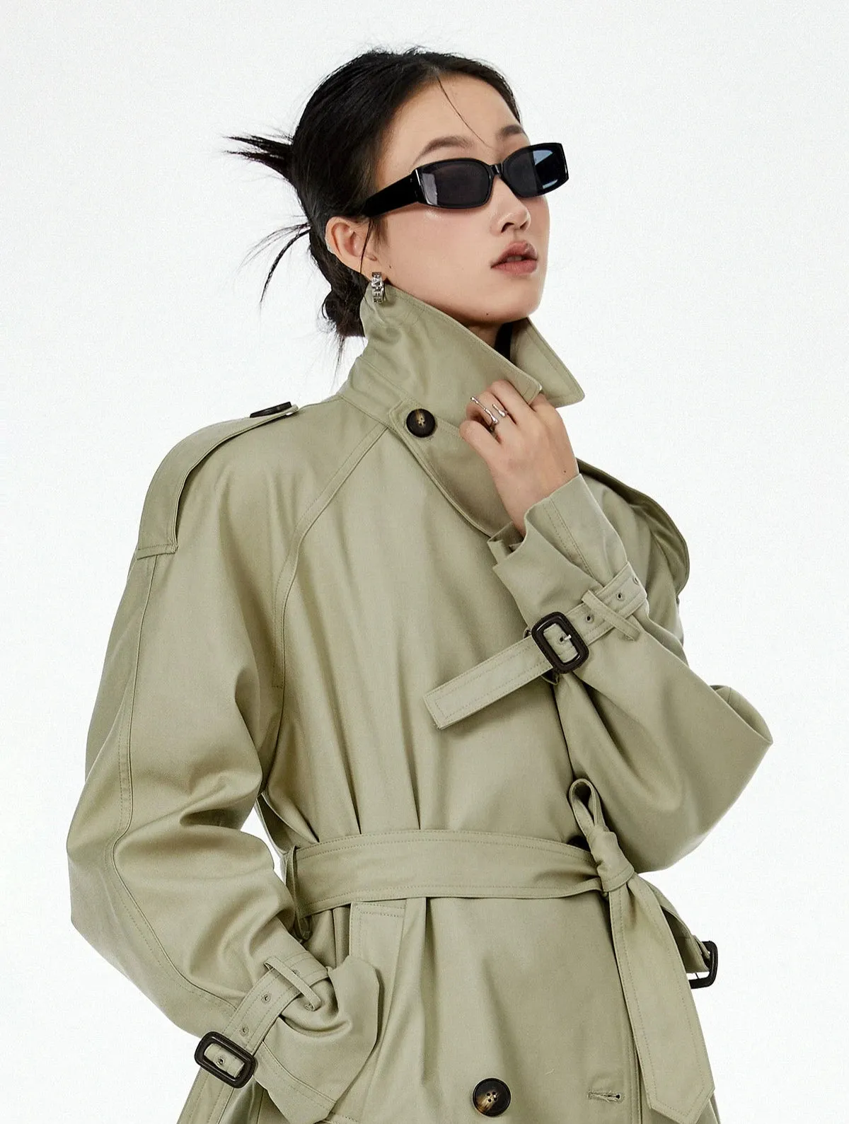Oversized Trench Coat with Epaulettes and Belt Detail