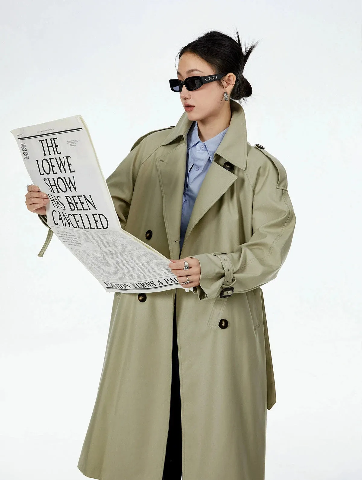 Oversized Trench Coat with Epaulettes and Belt Detail