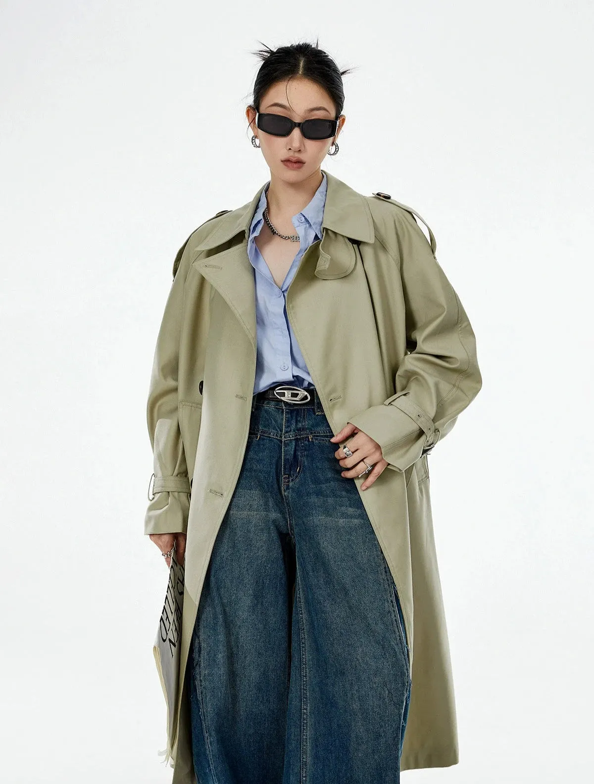Oversized Trench Coat with Epaulettes and Belt Detail