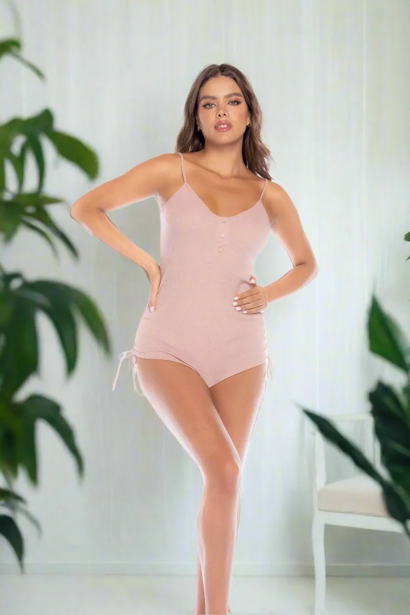 Pink Drawstrings Ribbed Cheeky Sleep Romper Lounge Wear Lingerie