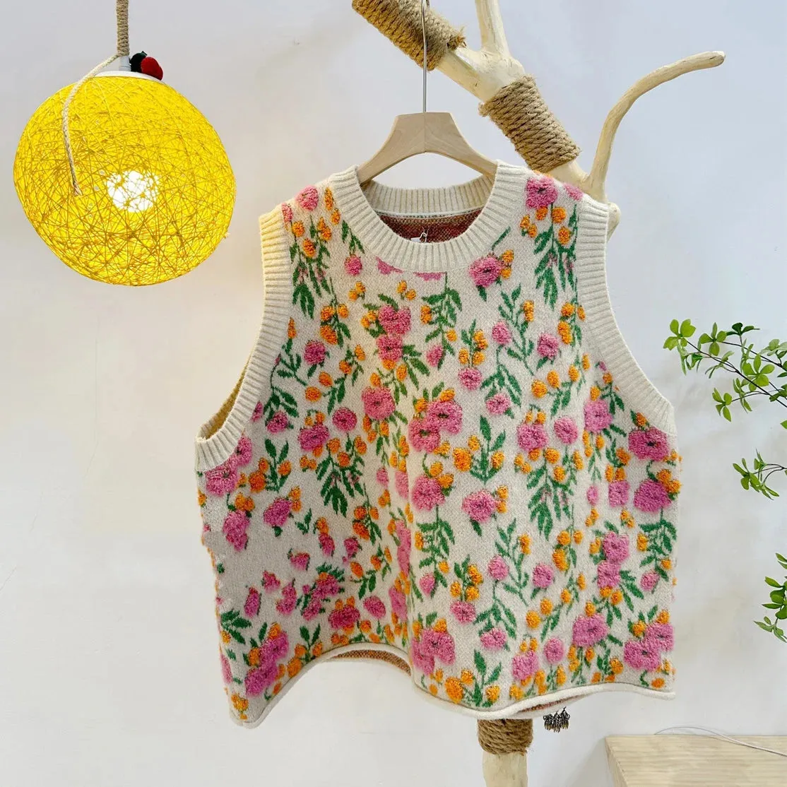 Pink Peach Blossom Knitted Vest For Women
