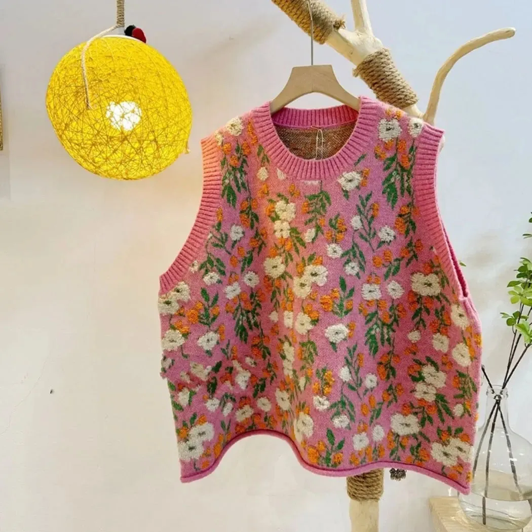 Pink Peach Blossom Knitted Vest For Women