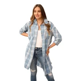 Plaid Raw Hem Buttondown Tunic
