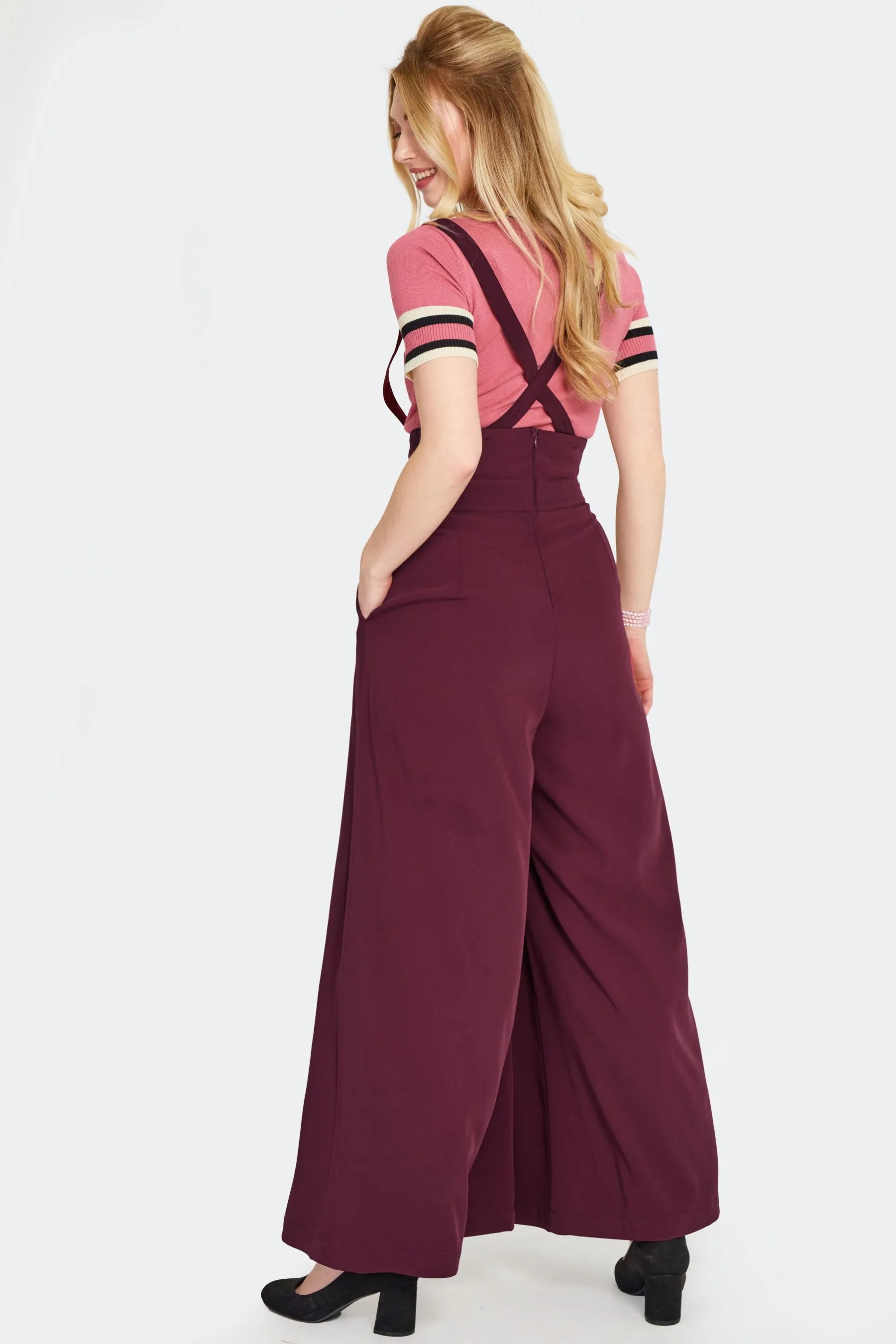 Plum Pleated High Waisted Suspender Pants by Voodoo Vixen
