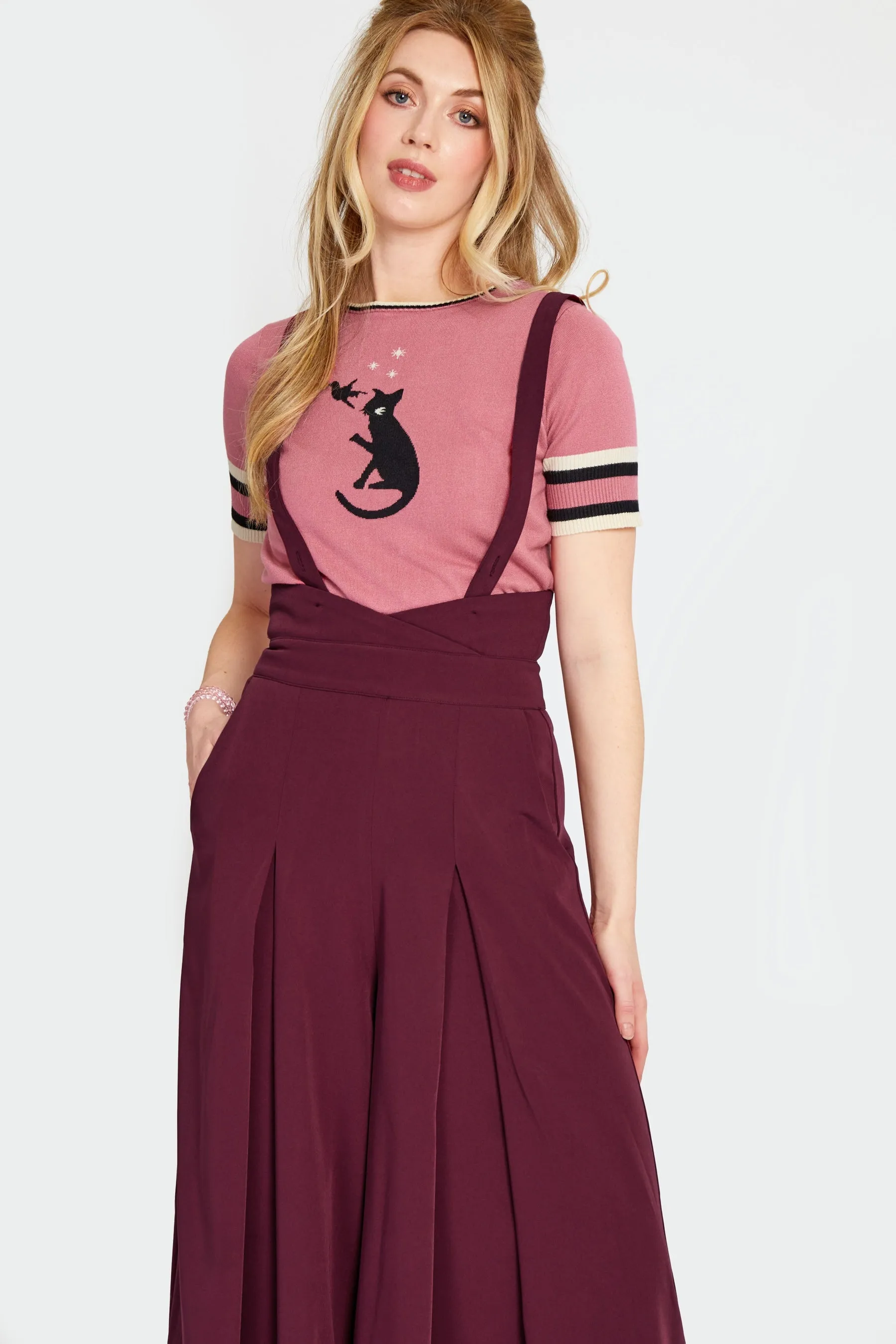 Plum Pleated High Waisted Suspender Pants by Voodoo Vixen