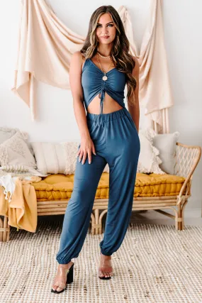 Progressive Thoughts Ruched Cut-Out Jumpsuit (Blue Haze)