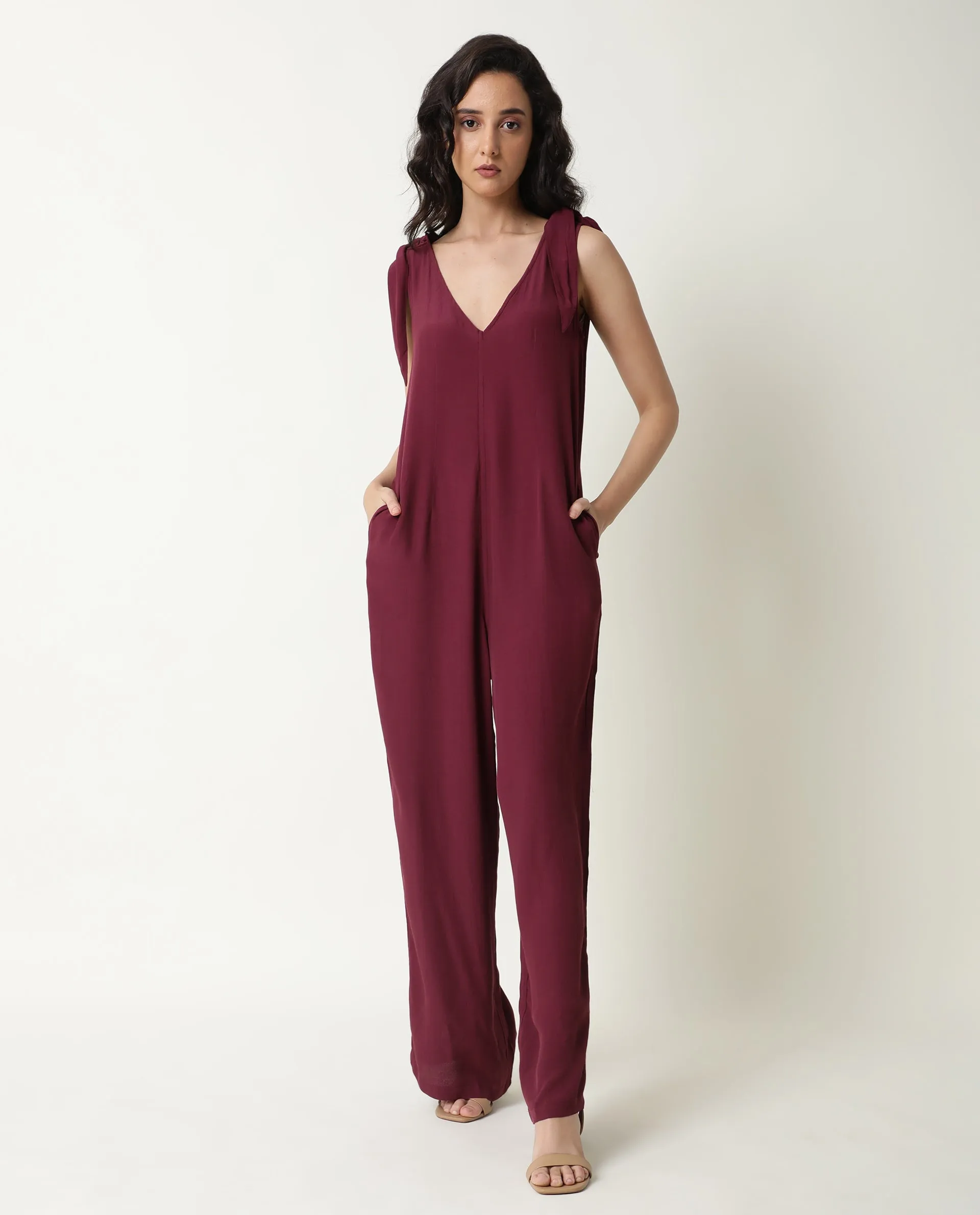 Rareism Women Pivot Maroon Viscose Fabric Tailored Fit Knee Length Solid Jumpsuit