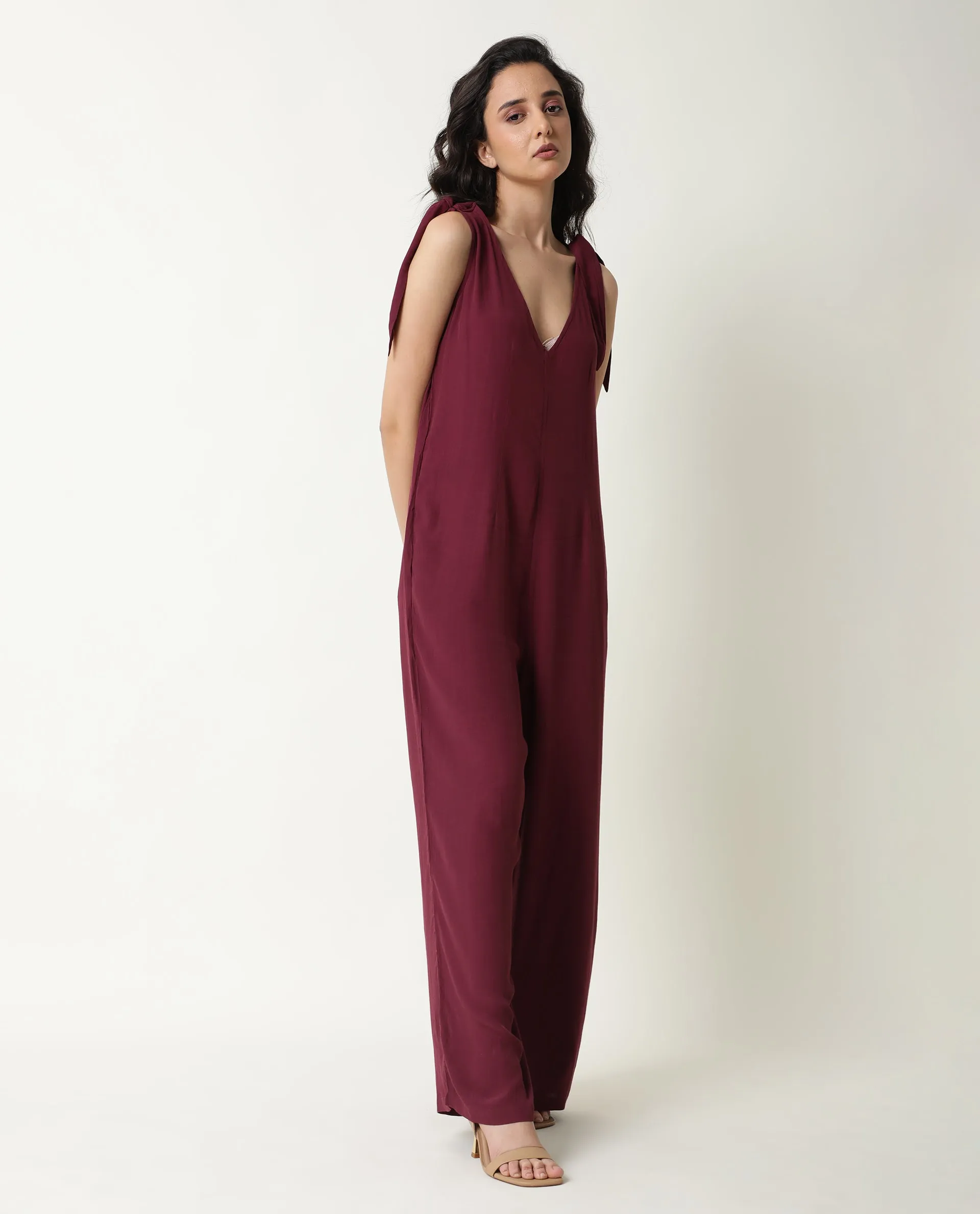 Rareism Women Pivot Maroon Viscose Fabric Tailored Fit Knee Length Solid Jumpsuit