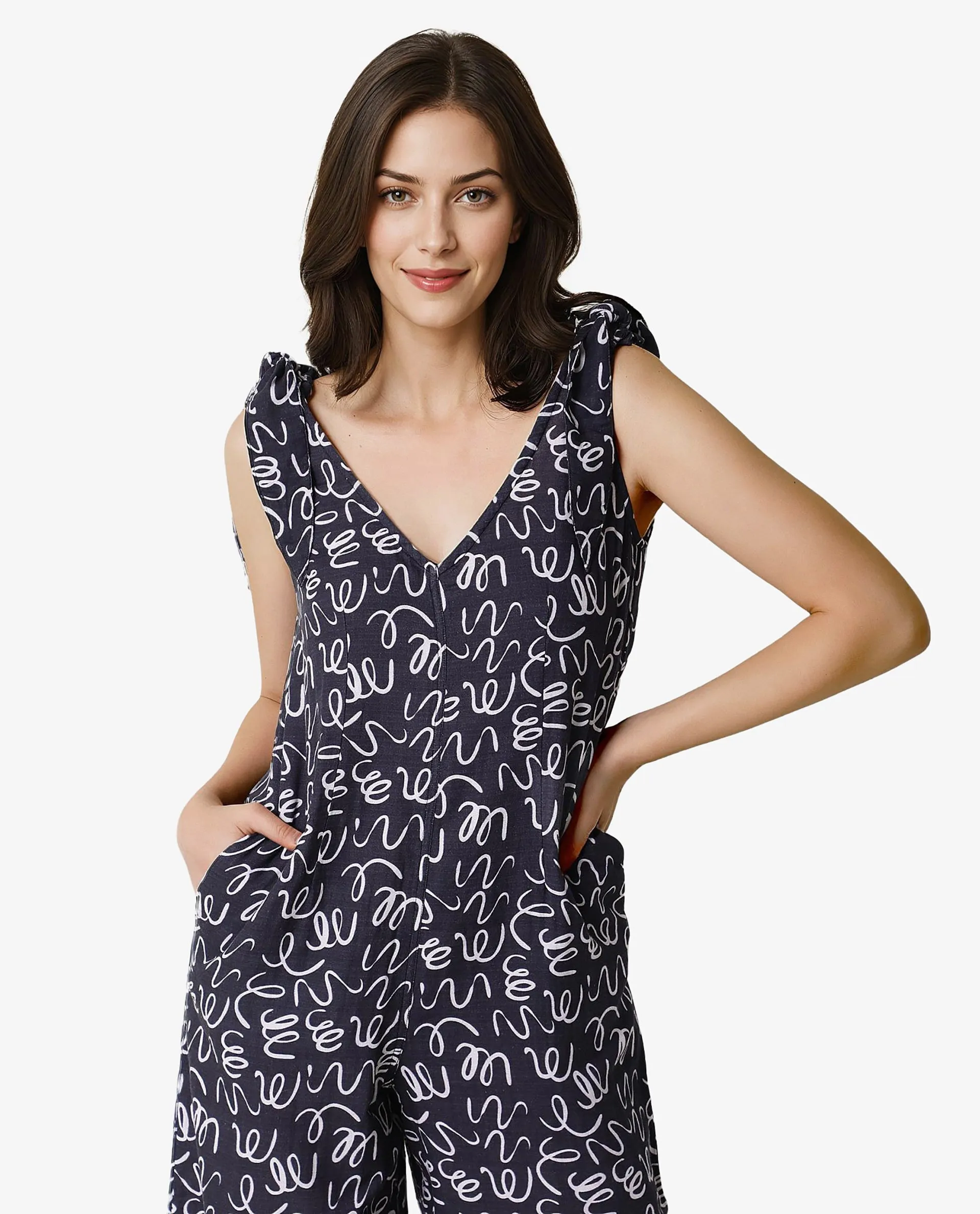 Rareism Women Skoda Black Cotton Fabric Tailored Fit Ankle Length Abstract Print Jumpsuit
