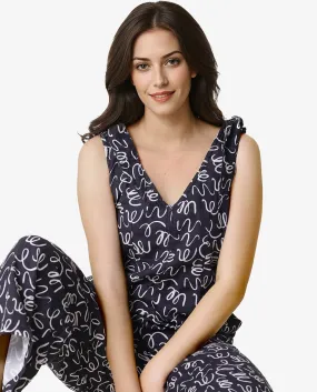 Rareism Women Skoda Black Cotton Fabric Tailored Fit Ankle Length Abstract Print Jumpsuit