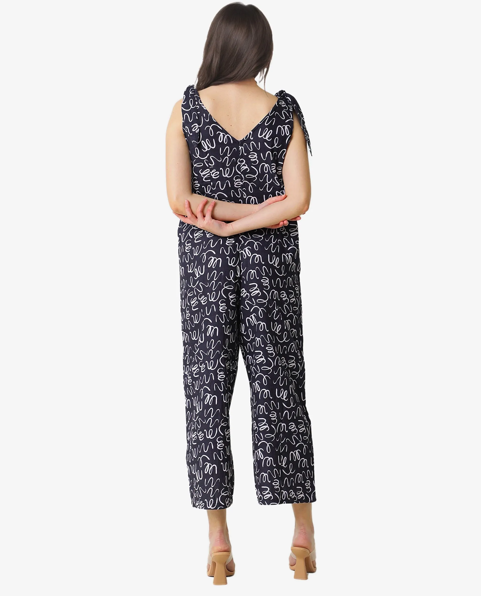 Rareism Women Skoda Black Cotton Fabric Tailored Fit Ankle Length Abstract Print Jumpsuit