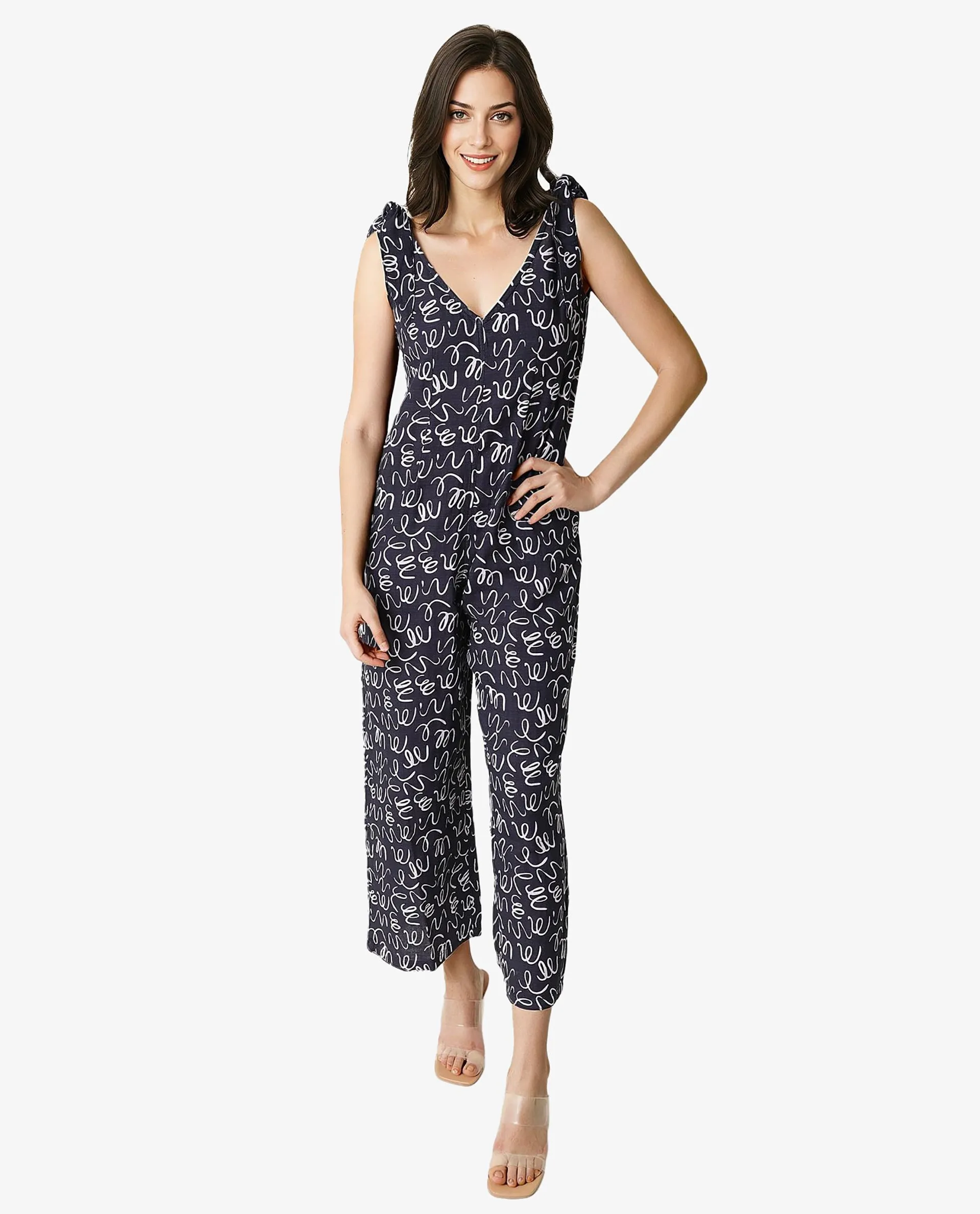 Rareism Women Skoda Black Cotton Fabric Tailored Fit Ankle Length Abstract Print Jumpsuit