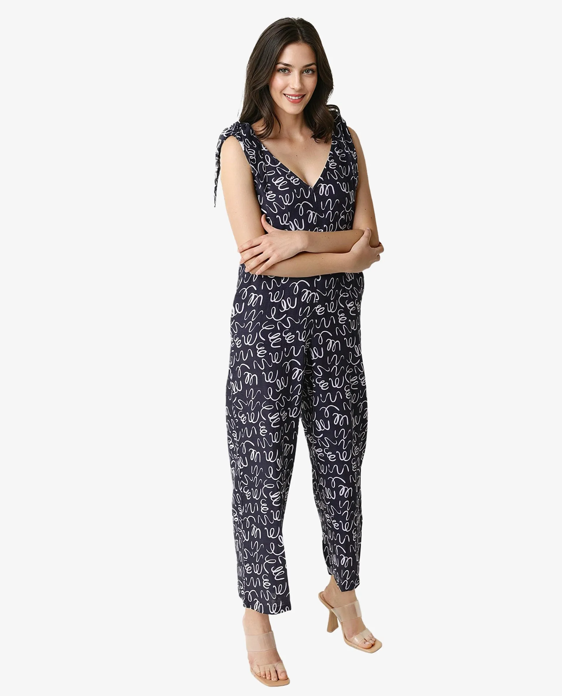 Rareism Women Skoda Black Cotton Fabric Tailored Fit Ankle Length Abstract Print Jumpsuit